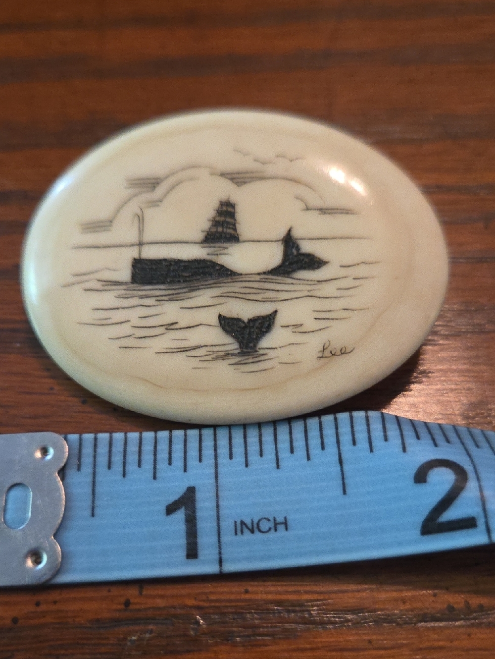 Ivory Tone Whale Scrimshaw Pin - Signed "Lee"
